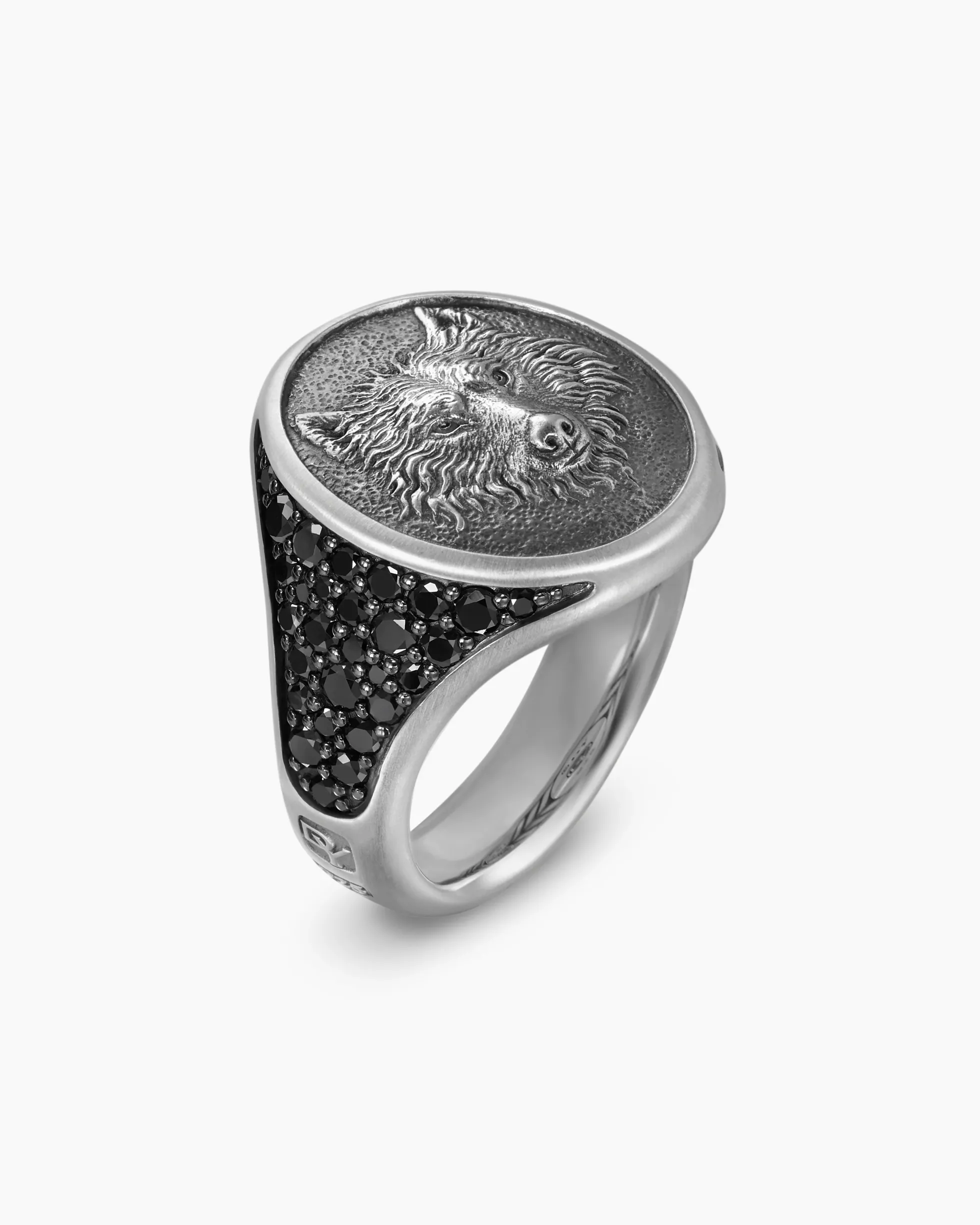 Petrvs® Wolf Signet Ring Sterling Silver with Black Diamonds, 21.5mm