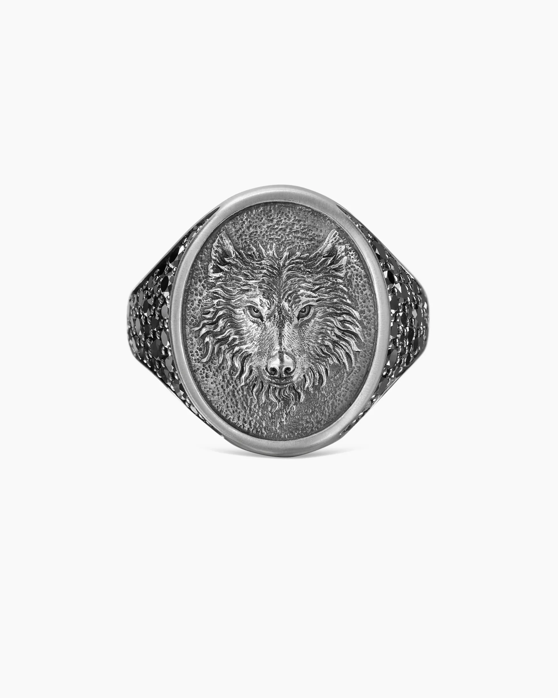 Petrvs® Wolf Signet Ring Sterling Silver with Black Diamonds, 21.5mm