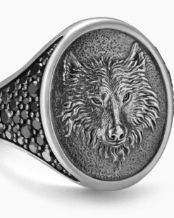 Petrvs® Wolf Signet Ring Sterling Silver with Black Diamonds, 21.5mm