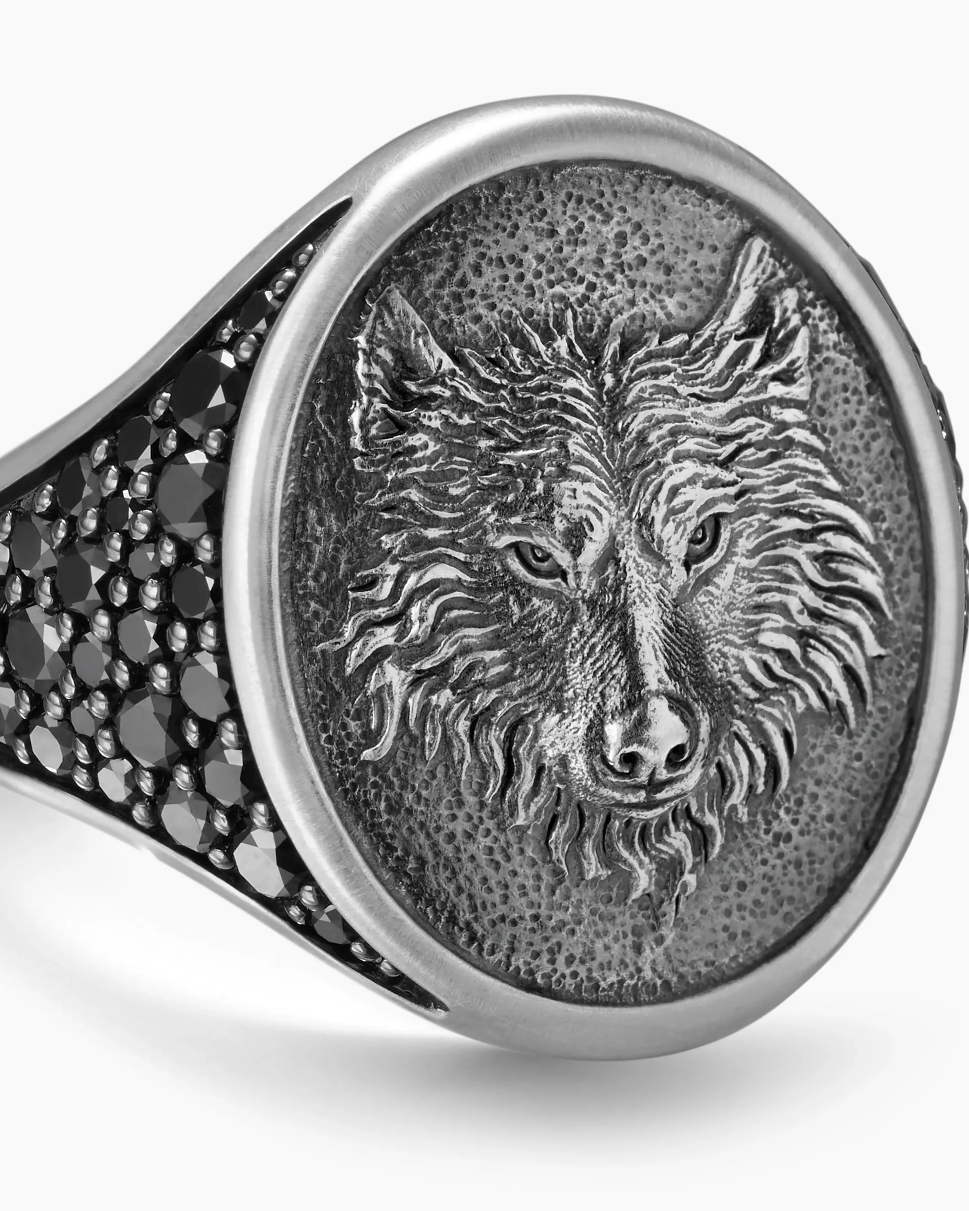Petrvs® Wolf Signet Ring Sterling Silver with Black Diamonds, 21.5mm