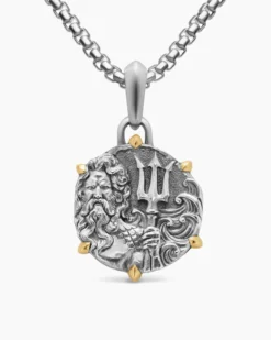Poseidon Amulet Sterling Silver with 18K Yellow Gold, 26.4mm