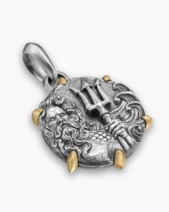Poseidon Amulet Sterling Silver with 18K Yellow Gold, 26.4mm