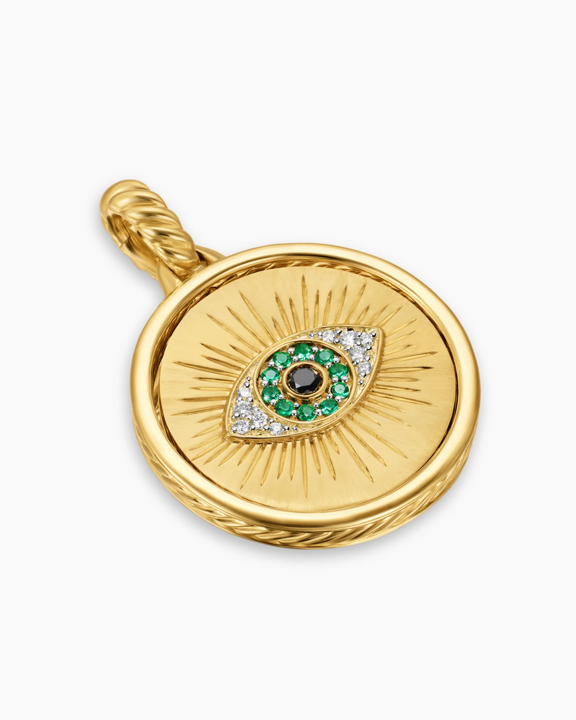 Protection and Health Duality Pendant 18K Yellow Gold with Dark Green Enamel, Emeralds and Diamonds, 22.3mm