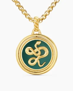 Protection and Health Duality Pendant 18K Yellow Gold with Dark Green Enamel, Emeralds and Diamonds, 22.3mm