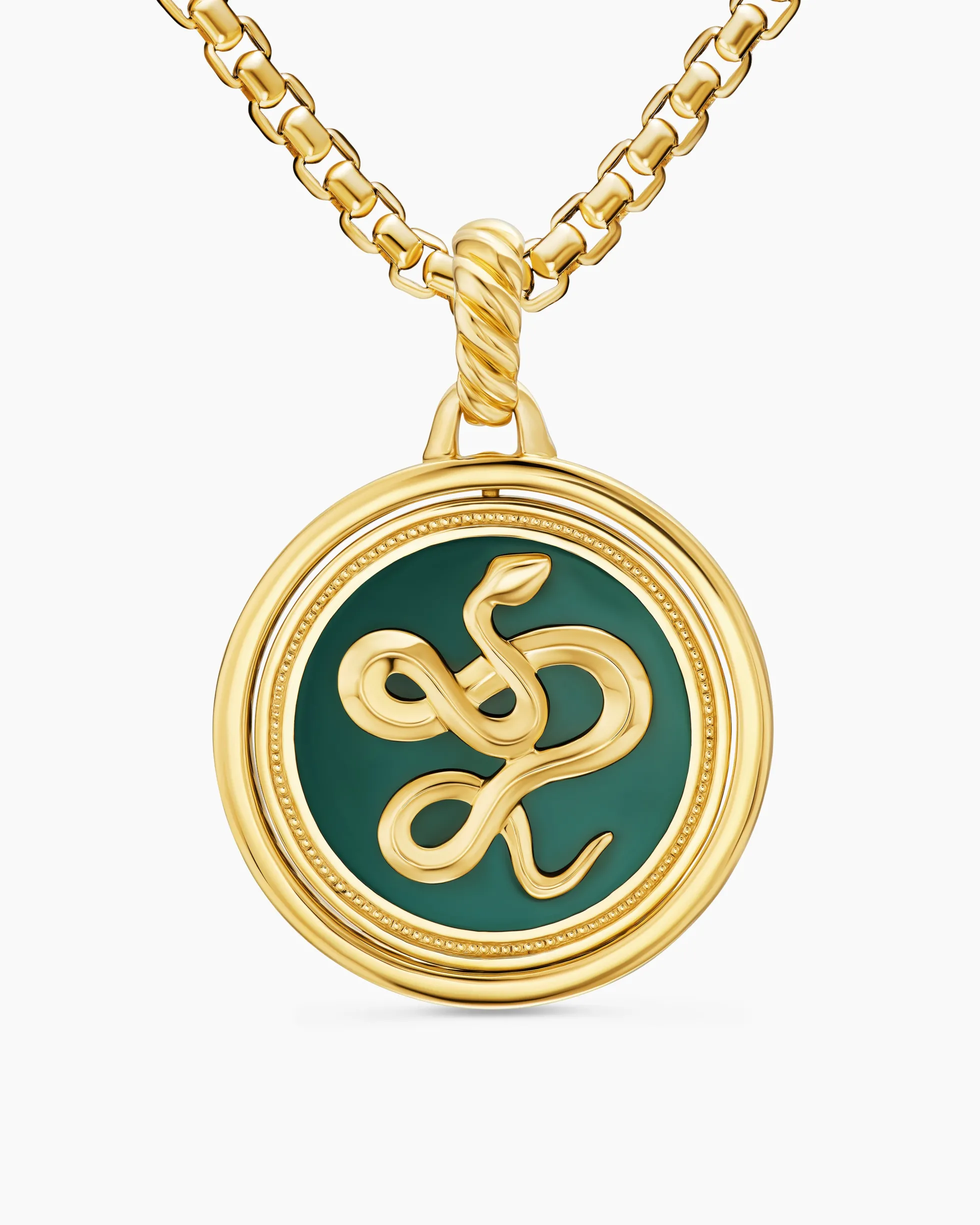 Protection and Health Duality Pendant 18K Yellow Gold with Dark Green Enamel, Emeralds and Diamonds, 22.3mm