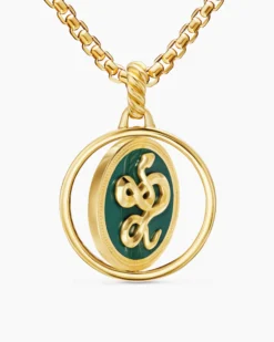 Protection and Health Duality Pendant 18K Yellow Gold with Dark Green Enamel, Emeralds and Diamonds, 22.3mm
