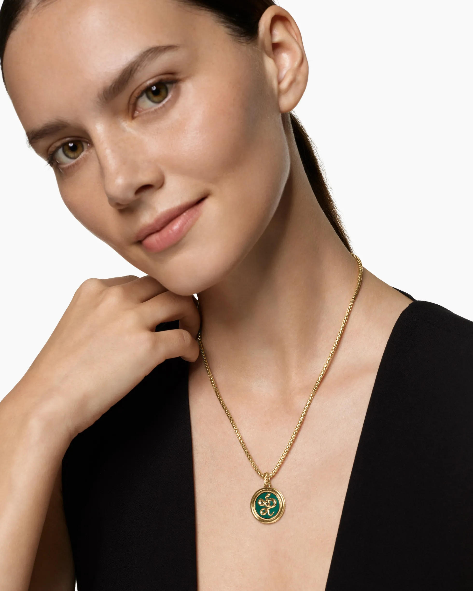 Protection and Health Duality Pendant 18K Yellow Gold with Dark Green Enamel, Emeralds and Diamonds, 22.3mm