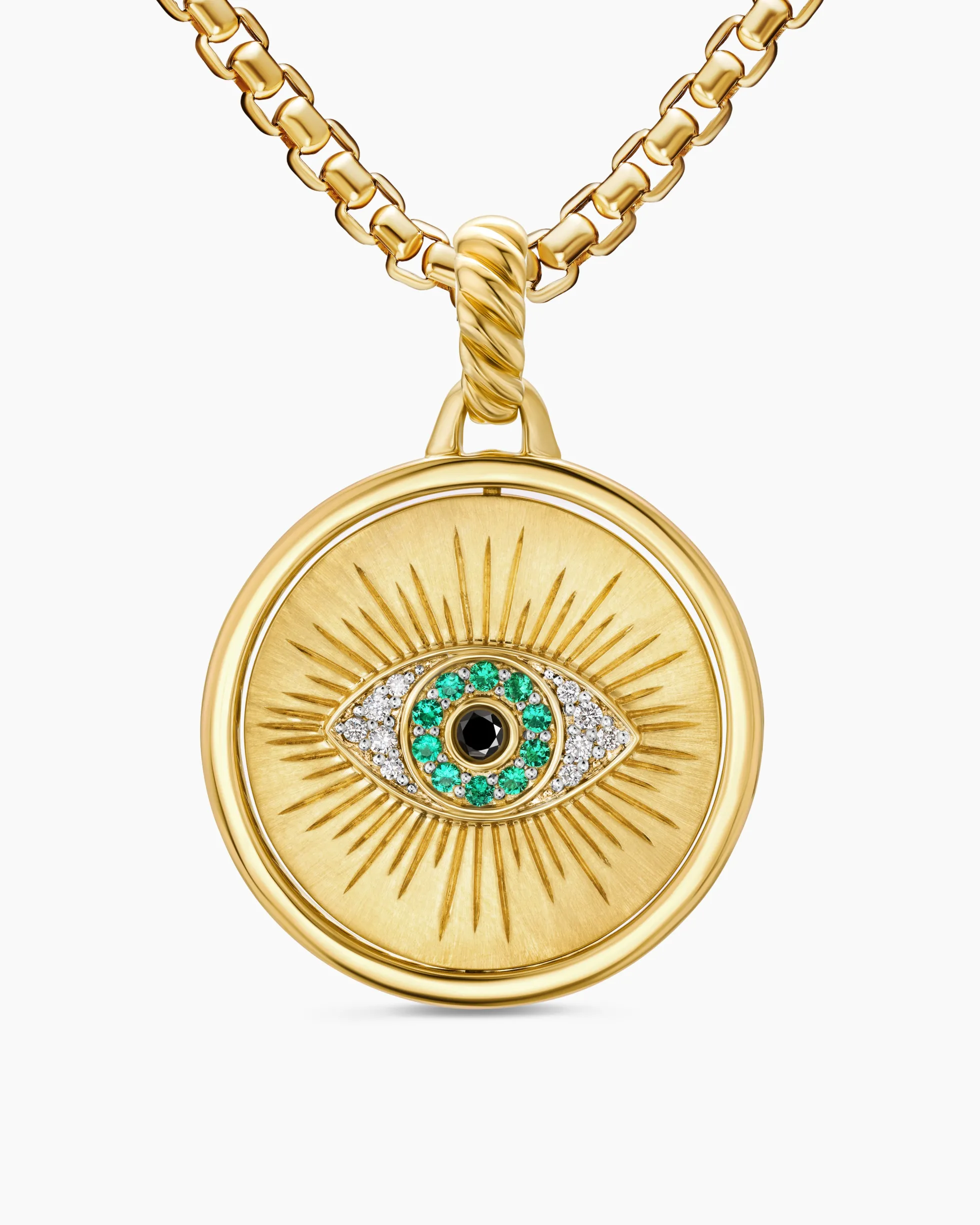 Protection and Health Duality Pendant 18K Yellow Gold with Dark Green Enamel, Emeralds and Diamonds, 22.3mm