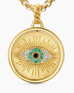 Protection and Health Duality Pendant 18K Yellow Gold with Dark Green Enamel, Emeralds and Diamonds, 22.3mm
