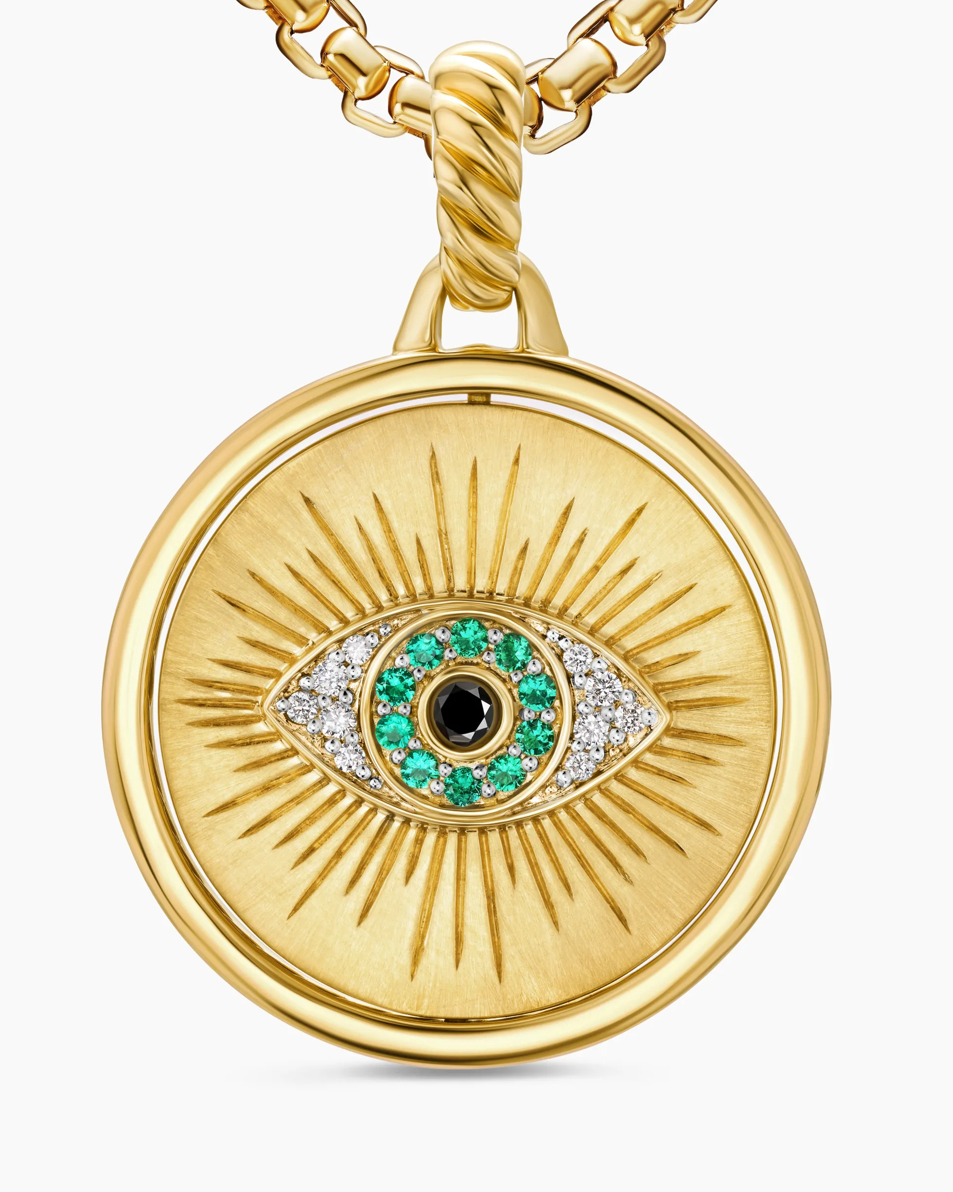 Protection and Health Duality Pendant 18K Yellow Gold with Dark Green Enamel, Emeralds and Diamonds, 22.3mm