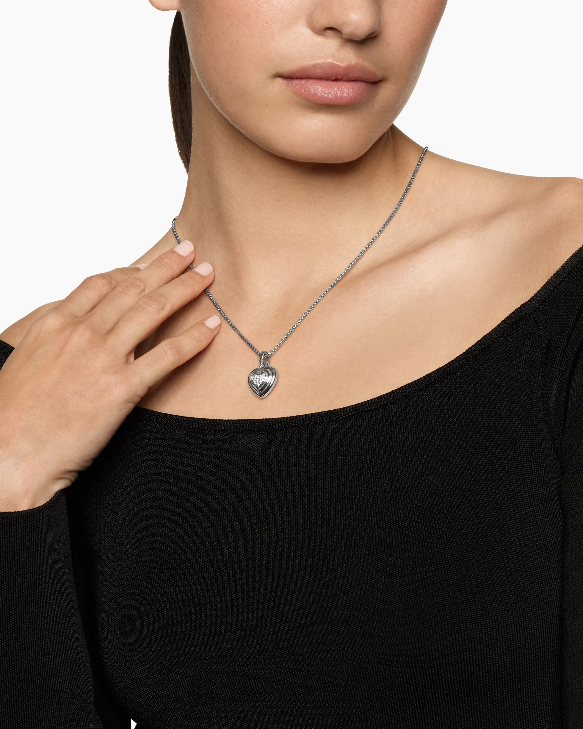 Puffy Heart Amulet Sterling Silver with Diamonds, 17mm