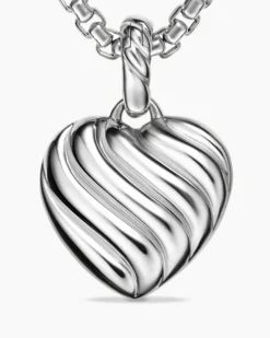 Puffy Heart Amulet Sterling Silver with Diamonds, 17mm