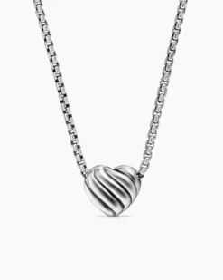 Puffy Heart Pendant Necklace Sterling Silver with Diamonds, 7.8mm