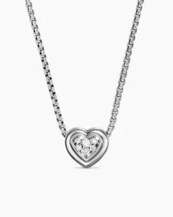 Puffy Heart Pendant Necklace Sterling Silver with Diamonds, 7.8mm