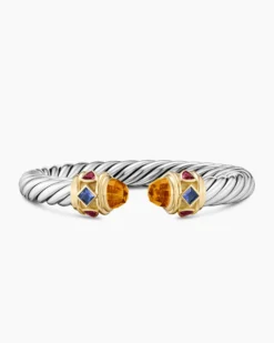 Renaissance® Cable Flex® Bracelet Sterling Silver with 14K Yellow Gold, Madeira Citrine, Tanzanite and Rhodolite Garnet, 9mm