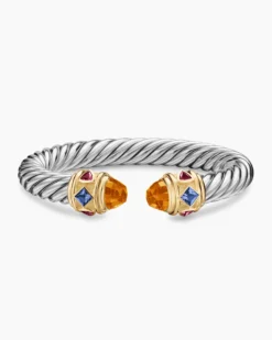 Renaissance® Cable Flex® Bracelet Sterling Silver with 14K Yellow Gold, Madeira Citrine, Tanzanite and Rhodolite Garnet, 9mm
