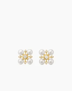 Renaissance® Pearl Stud Earrings 18K Yellow Gold with Pearls and Diamonds, 16.5mm