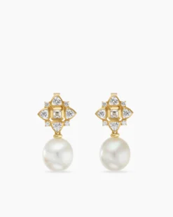 Renaissance® Pearl Trillion Drop Earrings 18K Yellow Gold with Pearls and Diamond, 26mm
