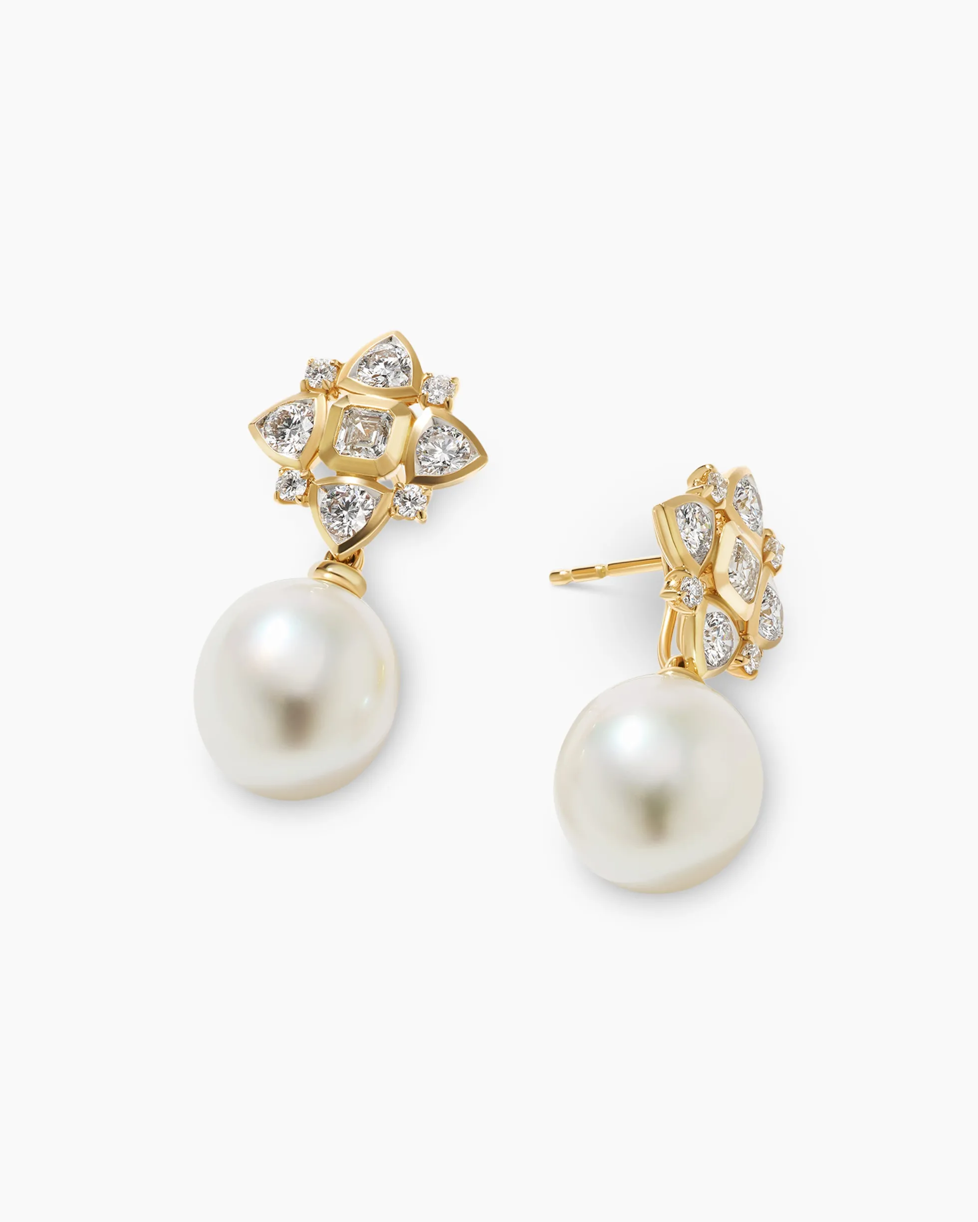 Renaissance® Pearl Trillion Drop Earrings 18K Yellow Gold with Pearls and Diamond, 26mm