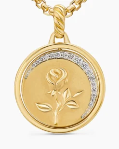Rose and Thorn Duality Pendant 18K Yellow Gold with Dark Green Enamel and Diamonds, 22.3mm