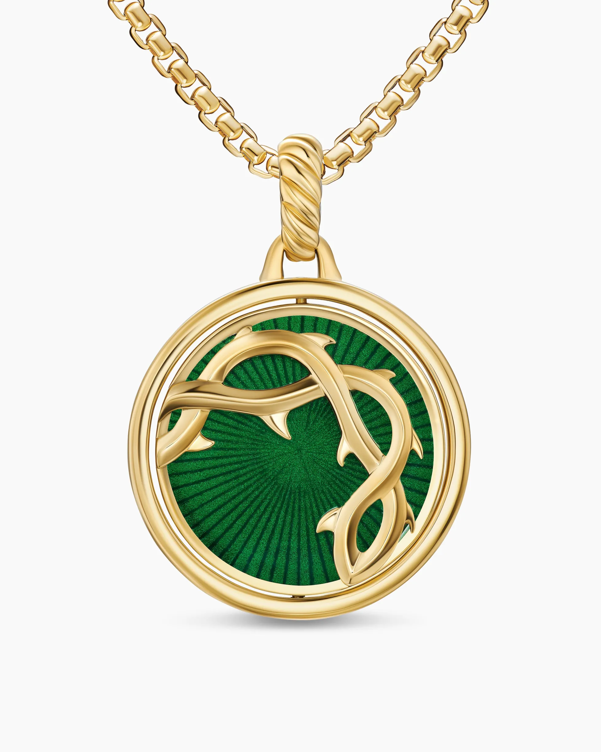Rose and Thorn Duality Pendant 18K Yellow Gold with Dark Green Enamel and Diamonds, 22.3mm