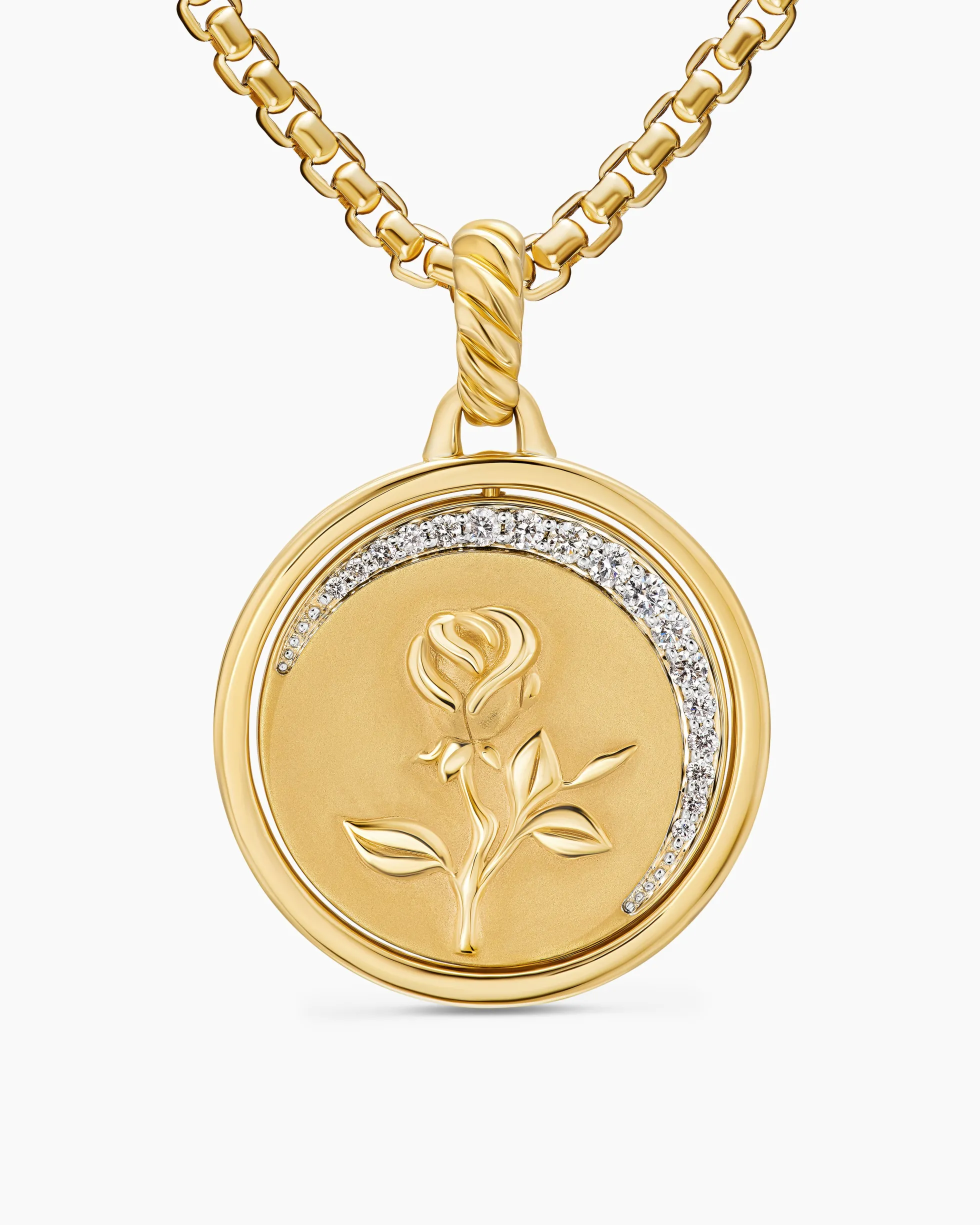 Rose and Thorn Duality Pendant 18K Yellow Gold with Dark Green Enamel and Diamonds, 22.3mm