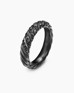 Sculpted Cable Band Ring Black Titanium with Black Diamonds, 4.6mm