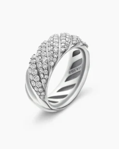 Sculpted Cable Band Ring Sterling Silver with Diamonds, 7.5mm
