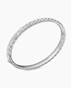 Sculpted Cable Bangle Bracelet 18K White Gold with Diamonds, 6.2mm