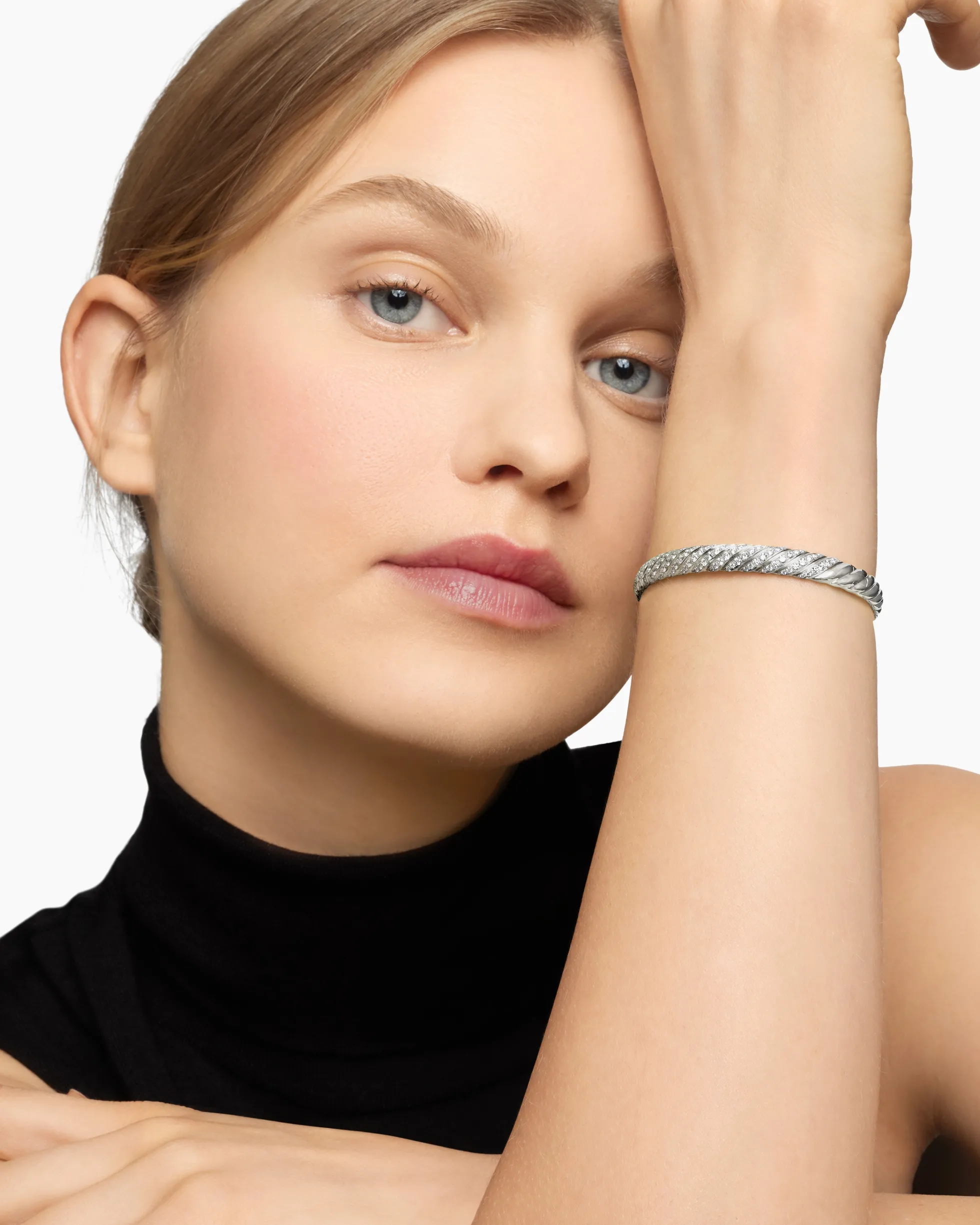 Sculpted Cable Bangle Bracelet 18K White Gold with Diamonds, 6.2mm