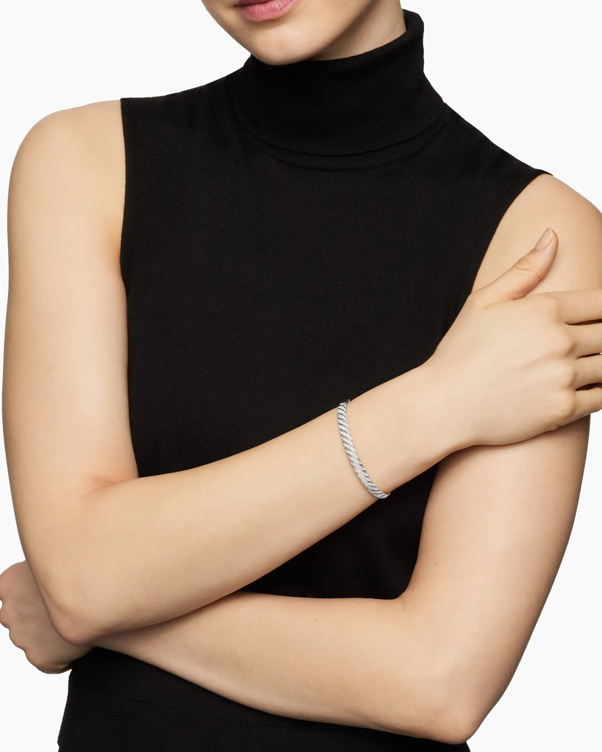 Sculpted Cable Bangle Bracelet 18K White Gold with Diamonds, 6.2mm