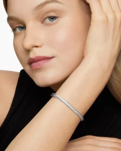 Sculpted Cable Bangle Bracelet 18K White Gold with Diamonds, 4.6mm