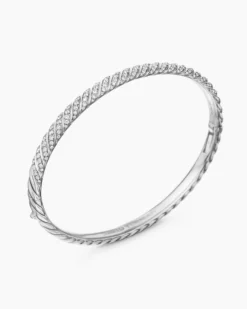 Sculpted Cable Bangle Bracelet 18K White Gold with Diamonds, 4.6mm