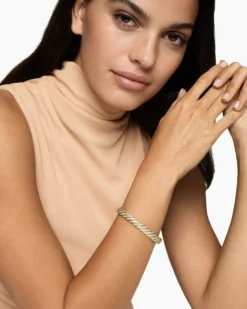 Sculpted Cable Bangle Bracelet 18K Yellow Gold with Diamonds, 8mm