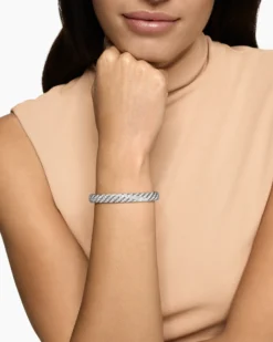 Sculpted Cable Bangle Bracelet 18K White Gold with Diamonds, 8mm
