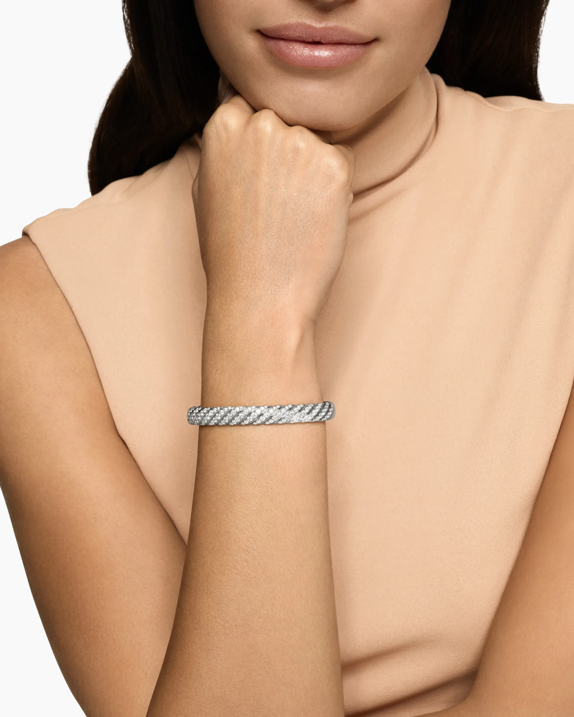 Sculpted Cable Bangle Bracelet 18K White Gold with Diamonds, 8mm