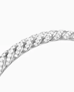 Sculpted Cable Bangle Bracelet 18K White Gold with Diamonds, 8mm