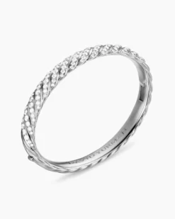 Sculpted Cable Bangle Bracelet 18K White Gold with Diamonds, 8mm