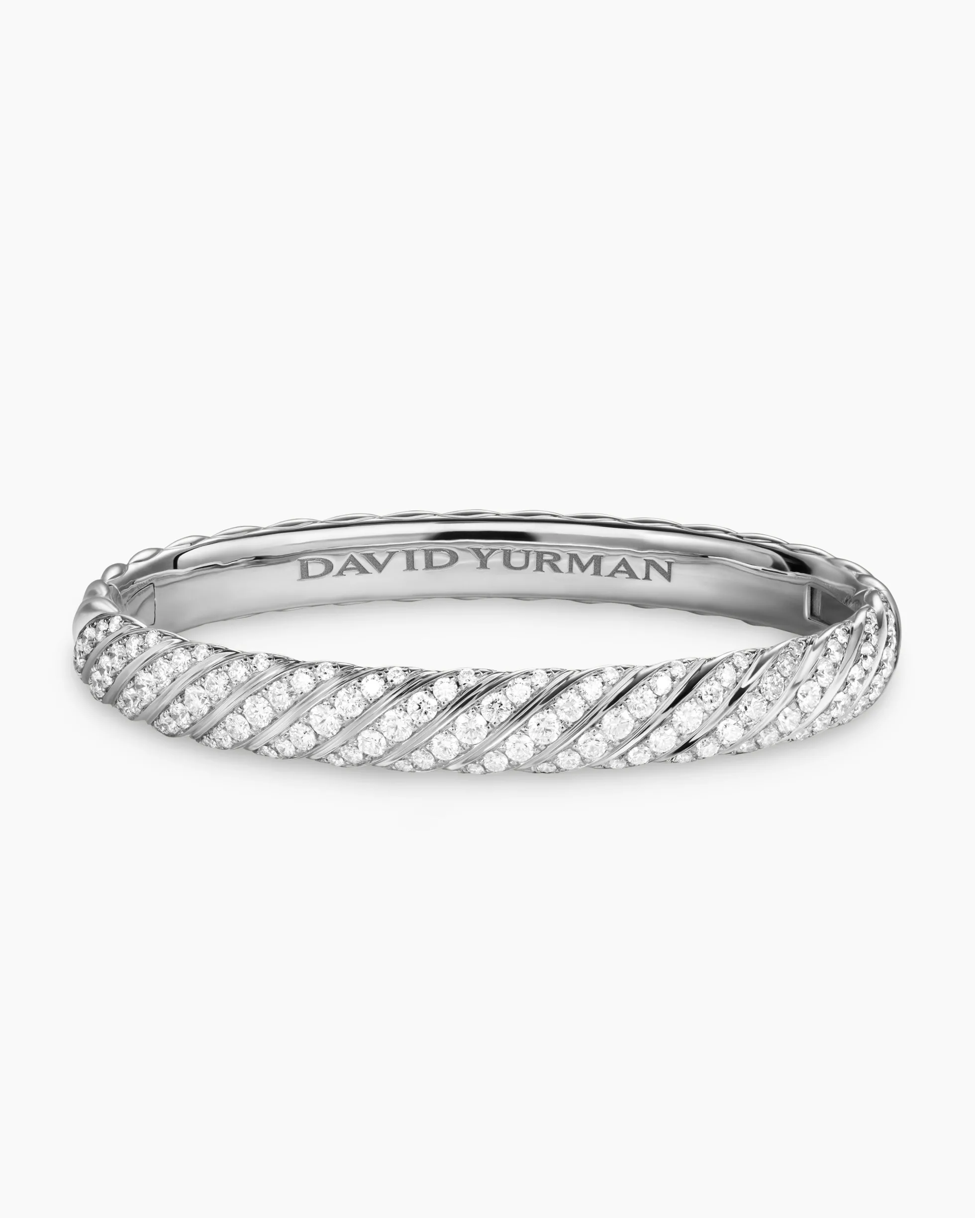 Sculpted Cable Bangle Bracelet 18K White Gold with Diamonds, 8mm
