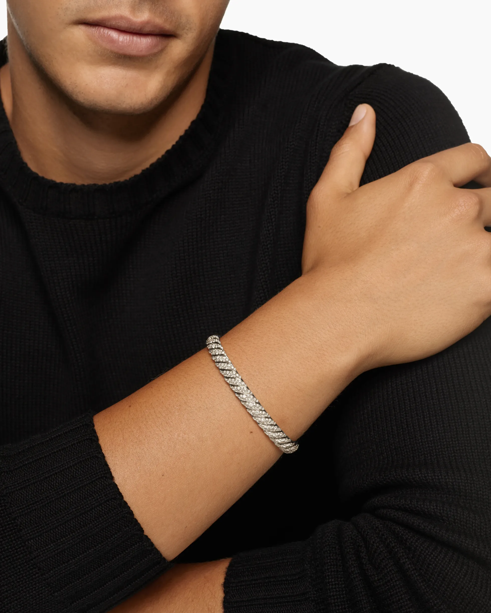 Sculpted Cable Cuff Bracelet 18K White Gold with Diamonds, 7mm