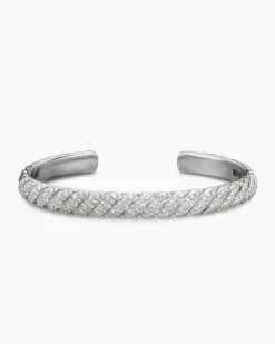 Sculpted Cable Cuff Bracelet 18K White Gold with Diamonds, 7mm
