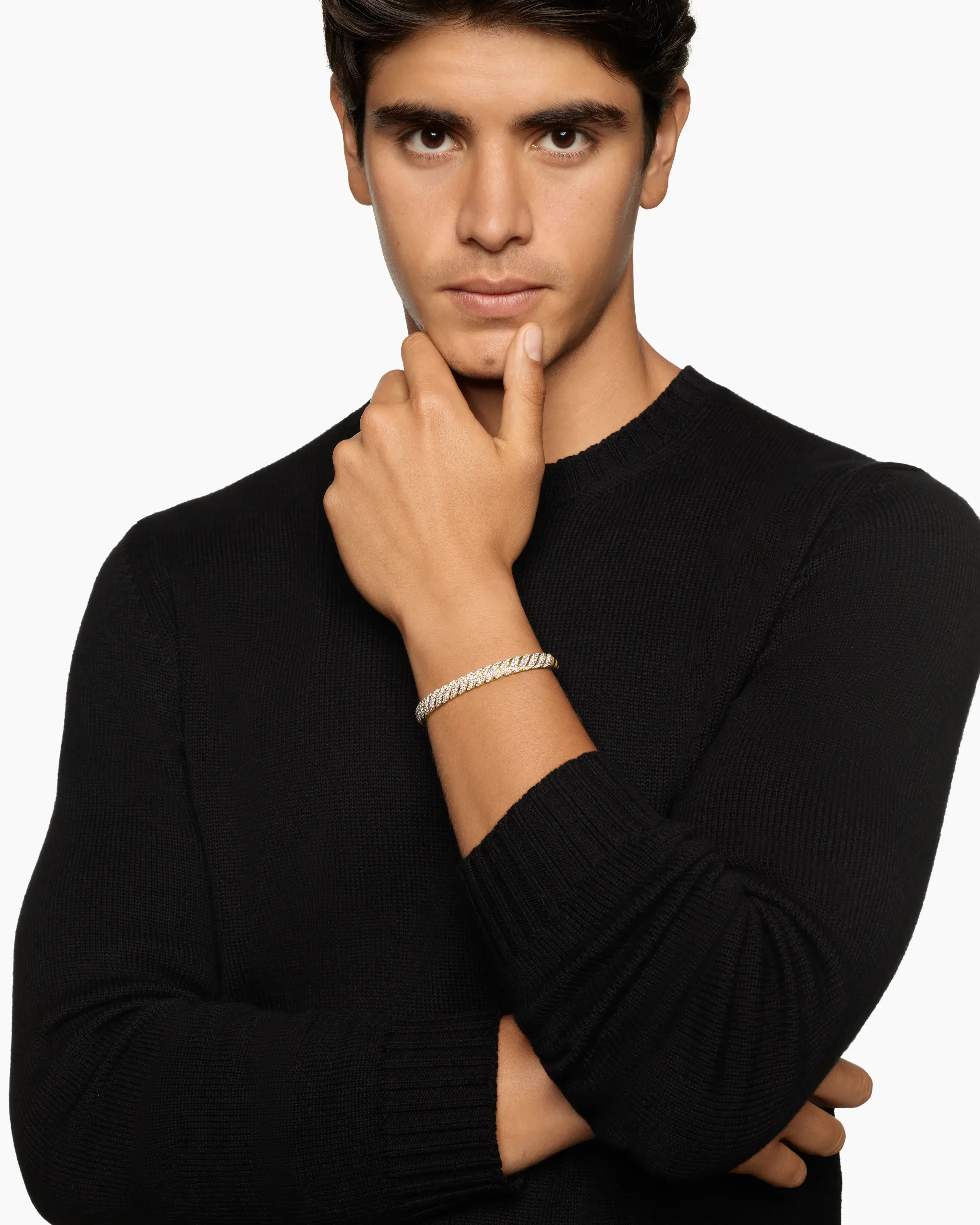 Sculpted Cable Cuff Bracelet 18K Yellow Gold with Diamonds, 7mm