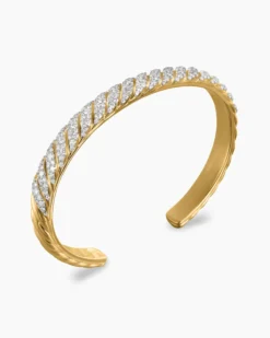 Sculpted Cable Cuff Bracelet 18K Yellow Gold with Diamonds, 7mm