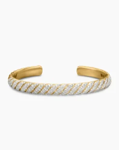 Sculpted Cable Cuff Bracelet 18K Yellow Gold with Diamonds, 7mm