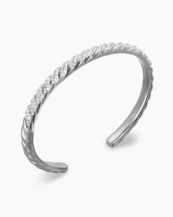 Sculpted Cable Cuff Bracelet 18K White Gold with Diamonds, 5.5mm