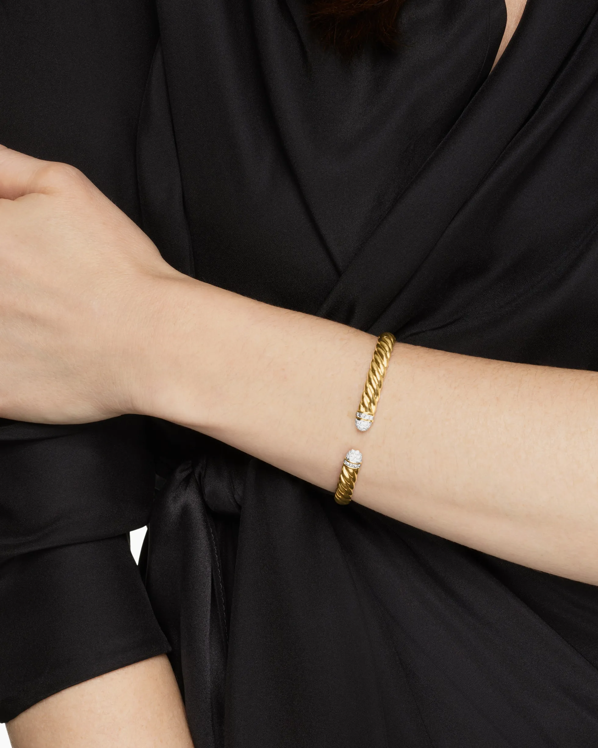 Sculpted Cable Cuff Bracelet 18K Yellow Gold with Pavé Diamond Domes, 6.2mm