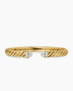 Sculpted Cable Cuff Bracelet 18K Yellow Gold with Pavé Diamond Domes, 6.2mm