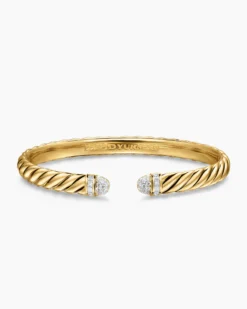 Sculpted Cable Cuff Bracelet 18K Yellow Gold with Pavé Diamond Domes, 6.2mm