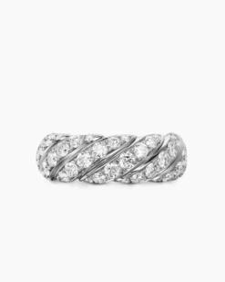 Sculpted Cable Flex Band Ring 18K White Gold with Diamonds, 7.5mm