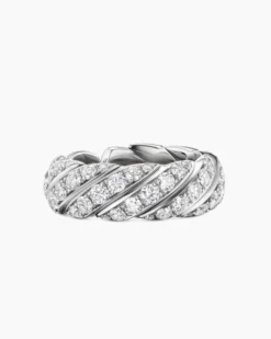 Sculpted Cable Flex Band Ring 18K White Gold with Diamonds, 7.5mm
